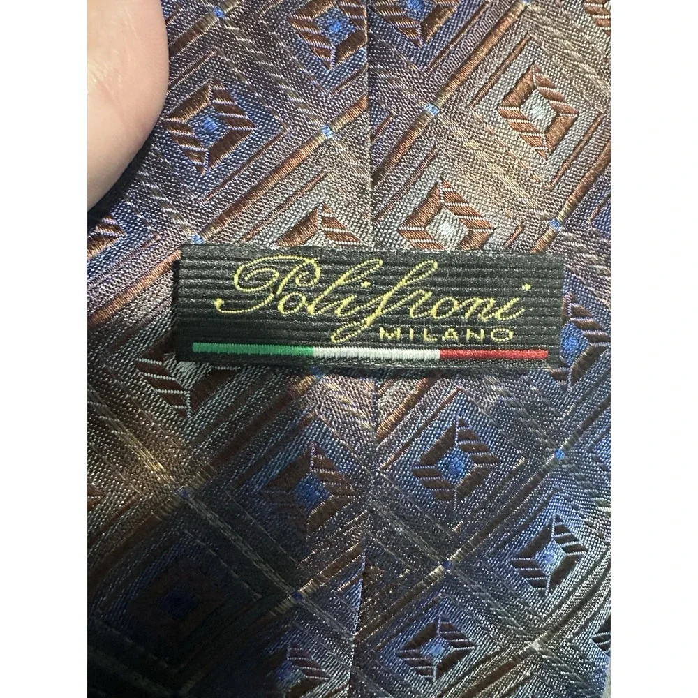 Polifroni Milano Brown/Blue Diamond Metallic Silk Neck Tie‎